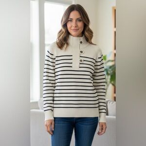RALPH LAUREN Cream & Navy Striped Button Sweater PL NWT $89.50 Retail